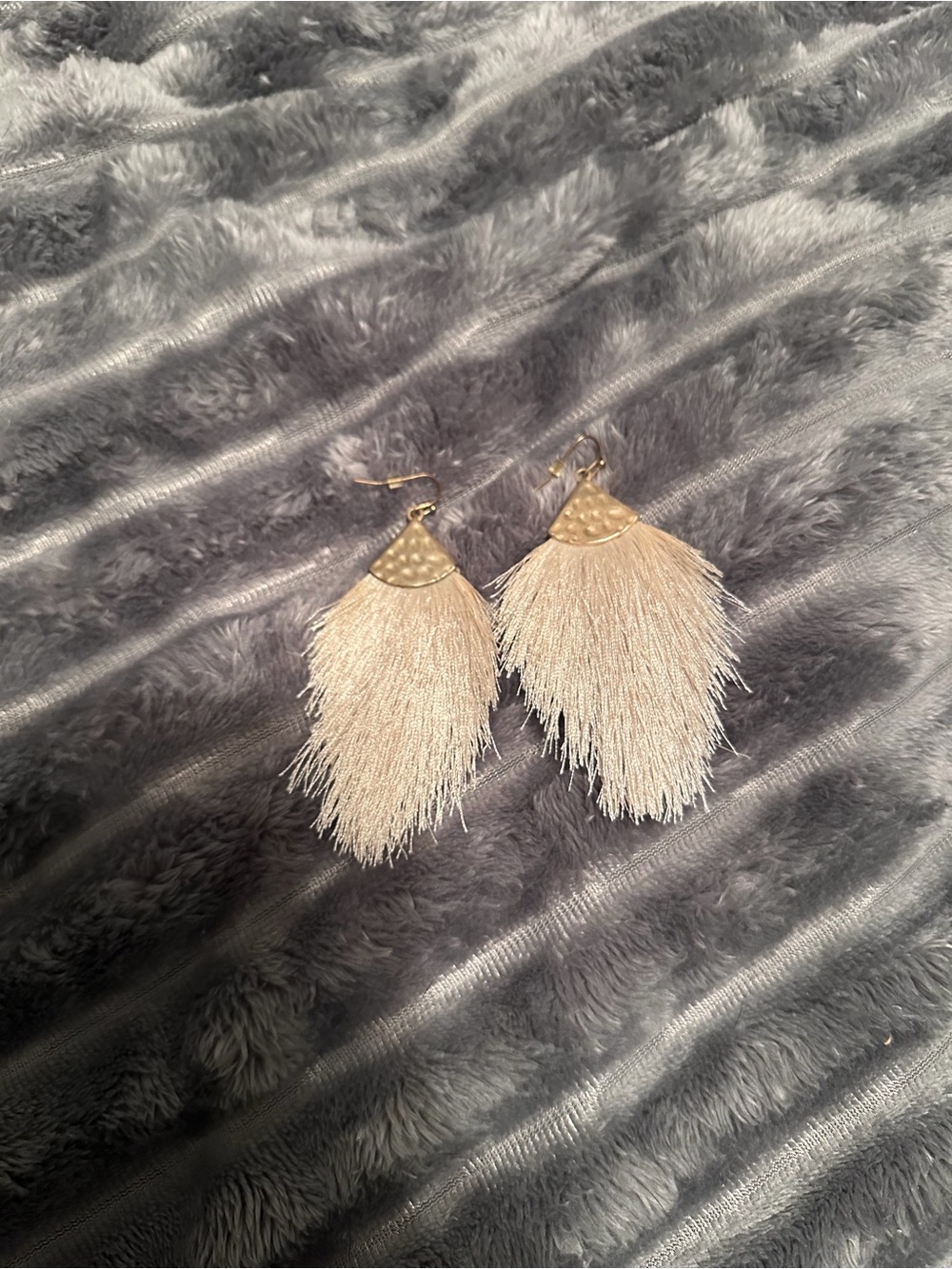 Cream Tassel Fringe Drop Earrings with Gold Accent